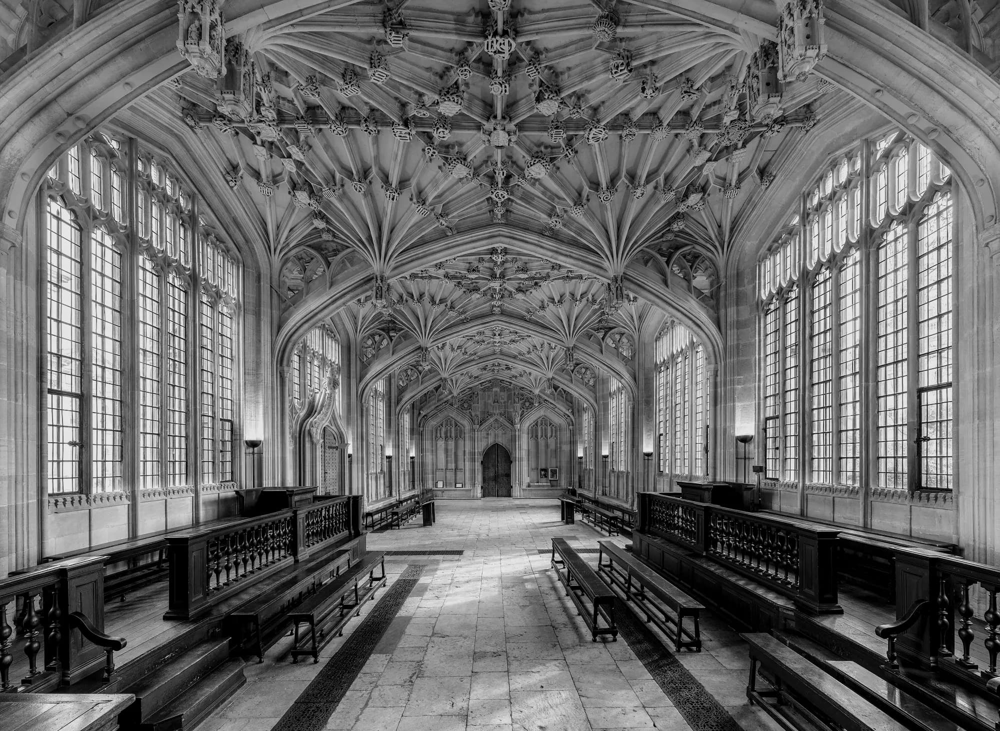 The vaulted ceiling of the Divinity School, Bodleian Library, Oxford.